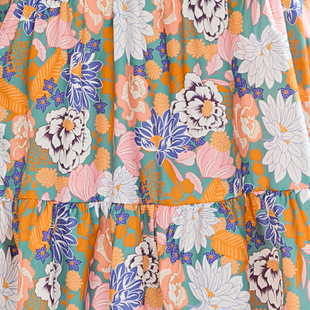 Women's Summer Floral V-Neck Waist-Tie Midi Short Sleeve Dress