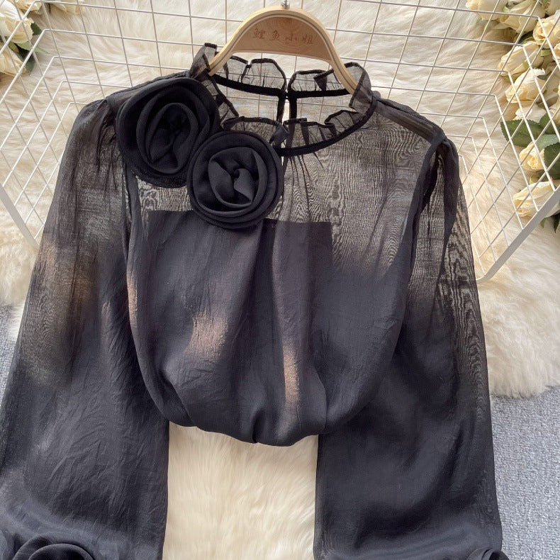 Designed 3D Flowers Chiffon Long Sleeves Shirts