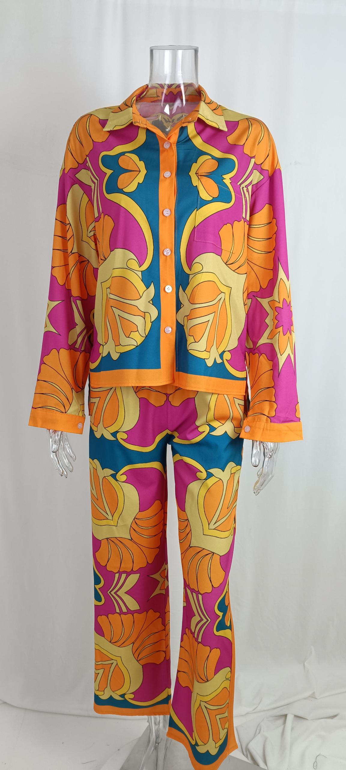 Printed Stand Collar Batwing Sleeve Loose Top with High-Waisted Wide-Leg Pant