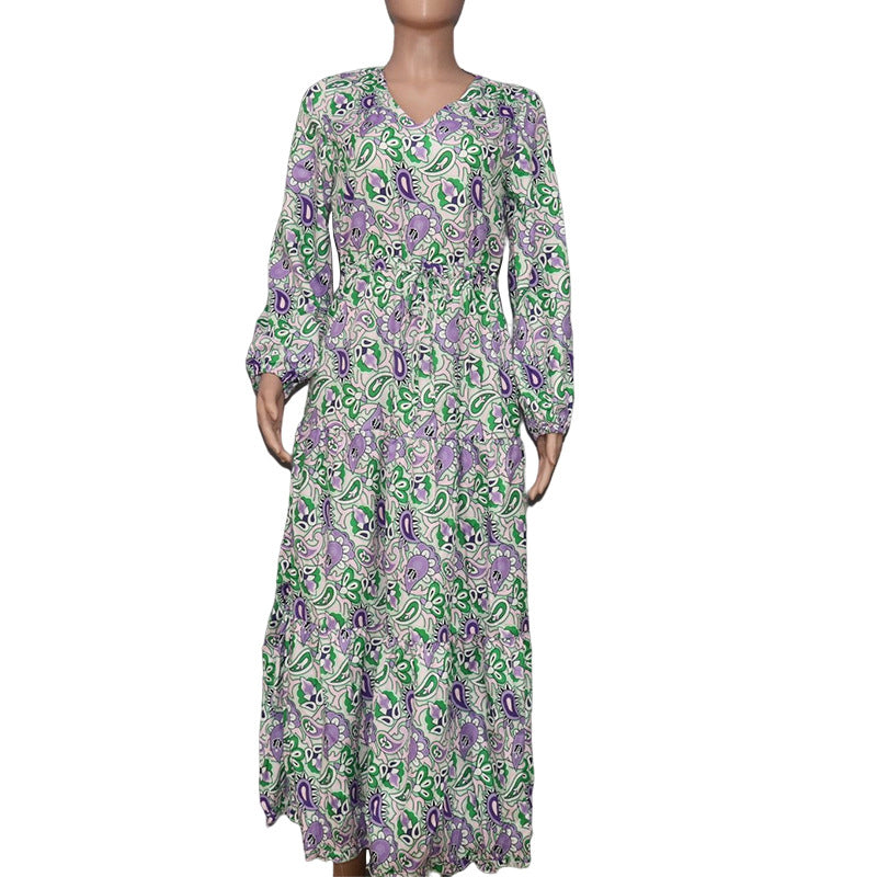 Bohemian V-Neck Long Sleeve Midi Dress – Fall Fashion Dress