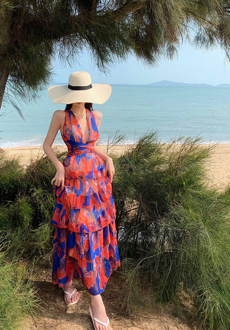 Halter Neck Printed Maxi Dress – High Waist, Backless Beach Cover-Up