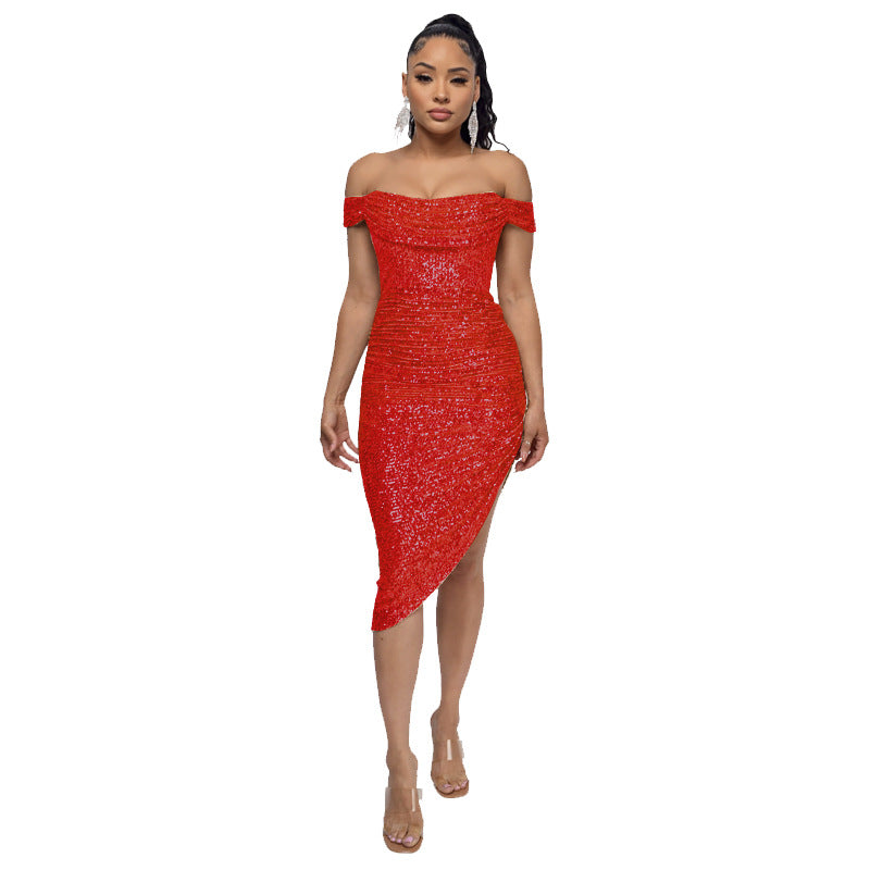 Sexy Off The Shoulder Sequined Mini Cocktail Dresses-Dresses-Red-S-Free Shipping at meselling99