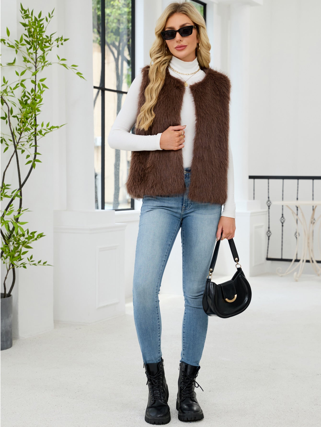 Faux Fur V-Neck Vest Sleeveless Top