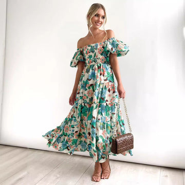 Women's Off-Shoulder Lantern Sleeve High Waist Summer Dress-red-S-Free Shipping Leatheretro