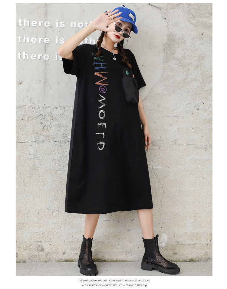 Letter Designed Summer Short Sleeves Plus Sizes Midi Dresses-Dresses-Black-One Size-Free Shipping at meselling99