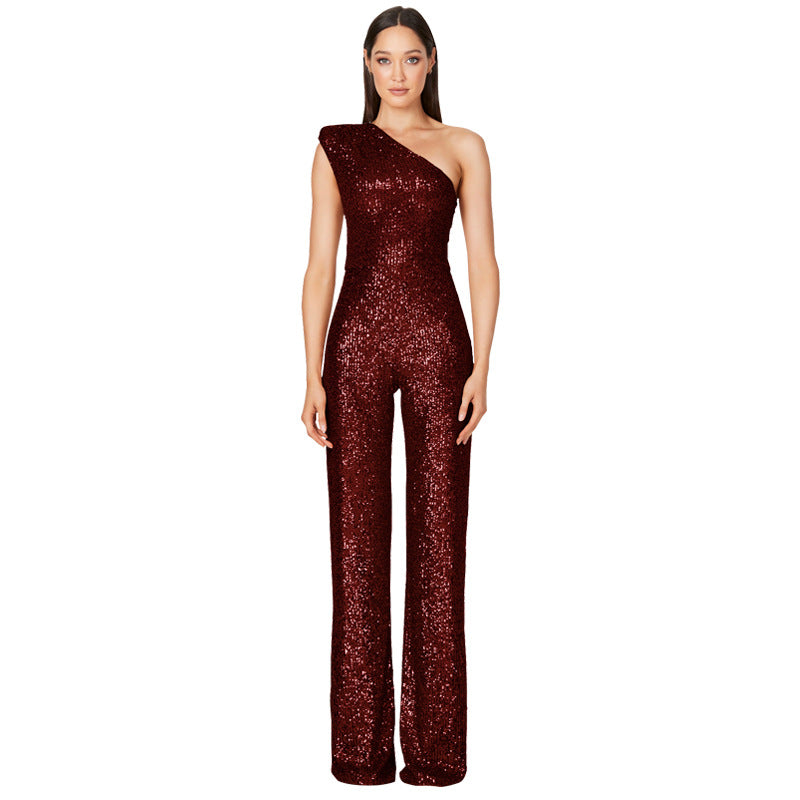 Sexy One Shoulder Sequined Jumpsuits