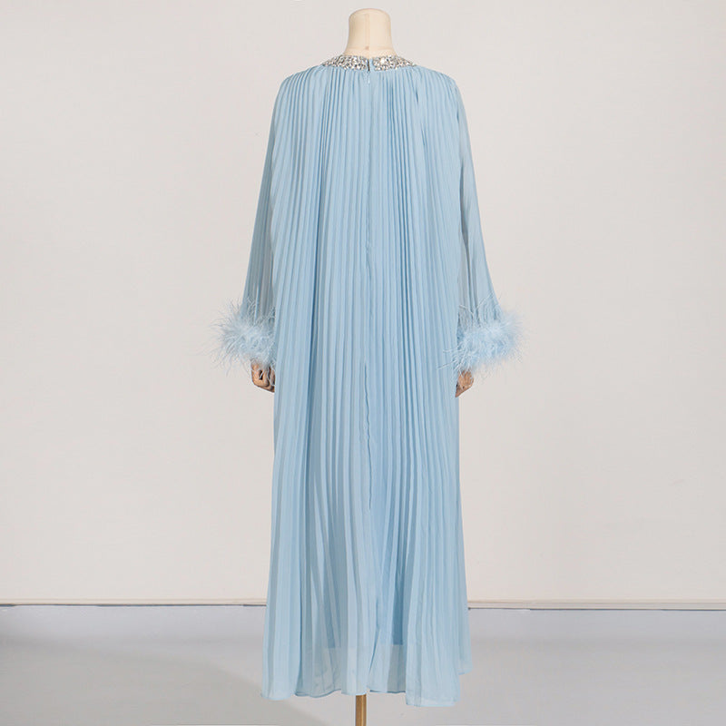 Elegant Round Neck Rhinestone Ostrich Feather Long Sleeve Ruffle Dress