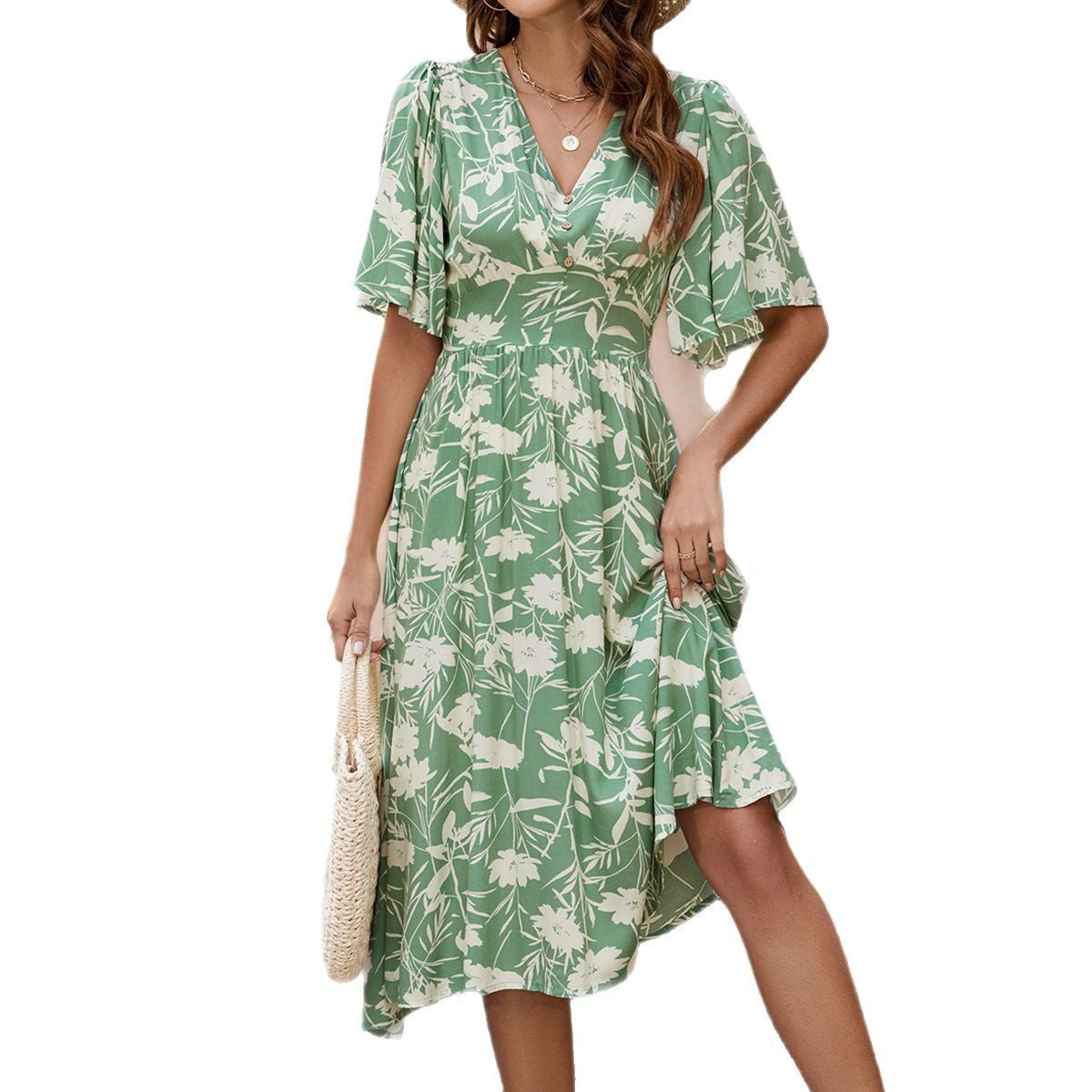 Women's Summer V-Neck Floral Print Rayon Dress