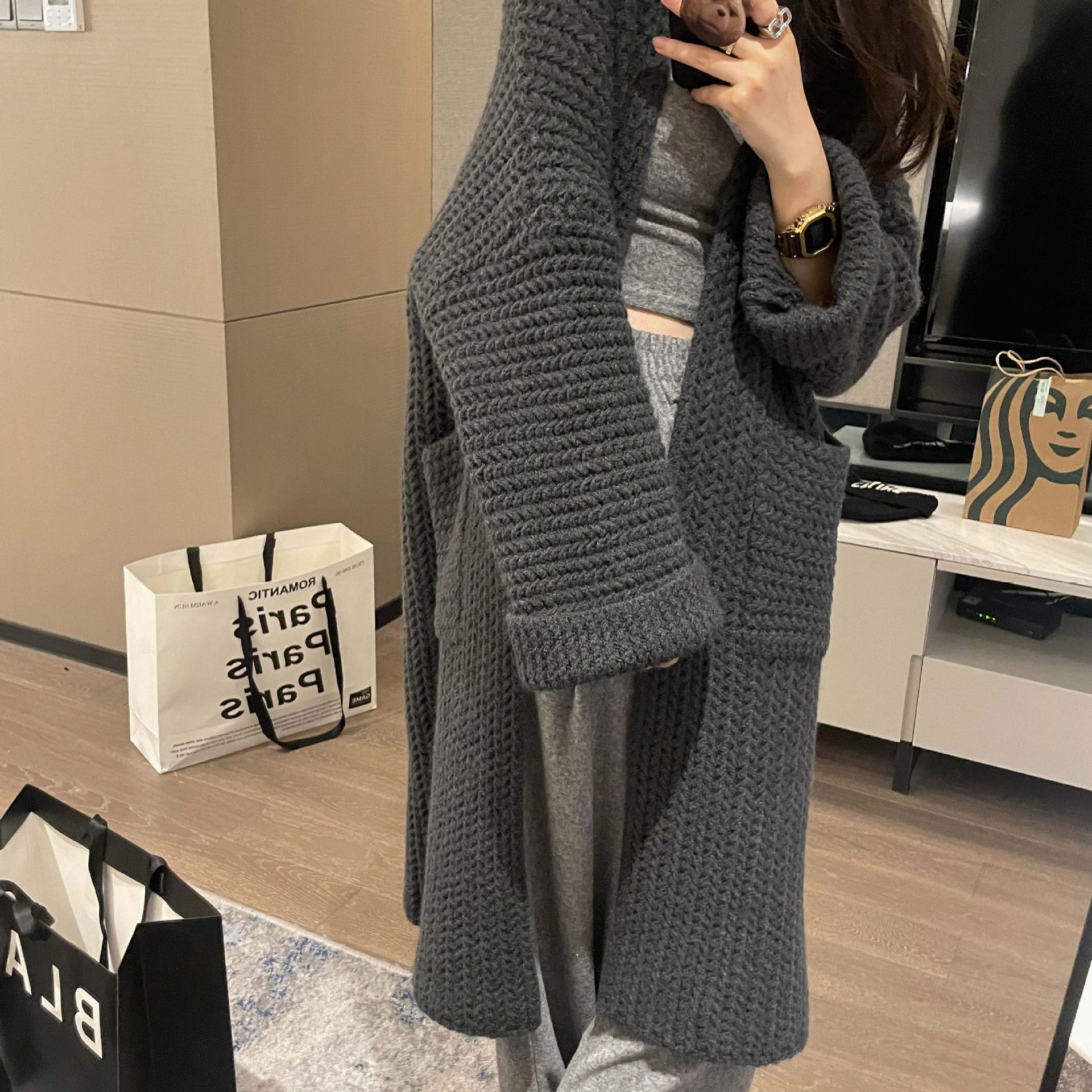 Casual Knitted Midi Length Top Coats