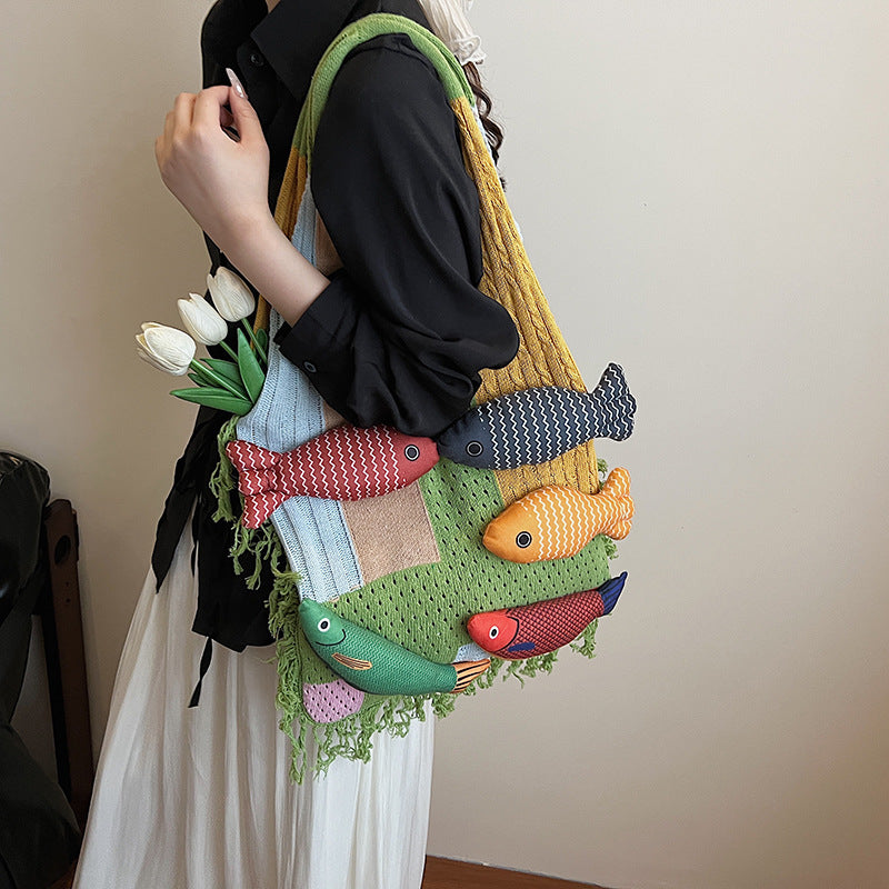 Patchwork Knit Shoulder Bag with Checkered Design