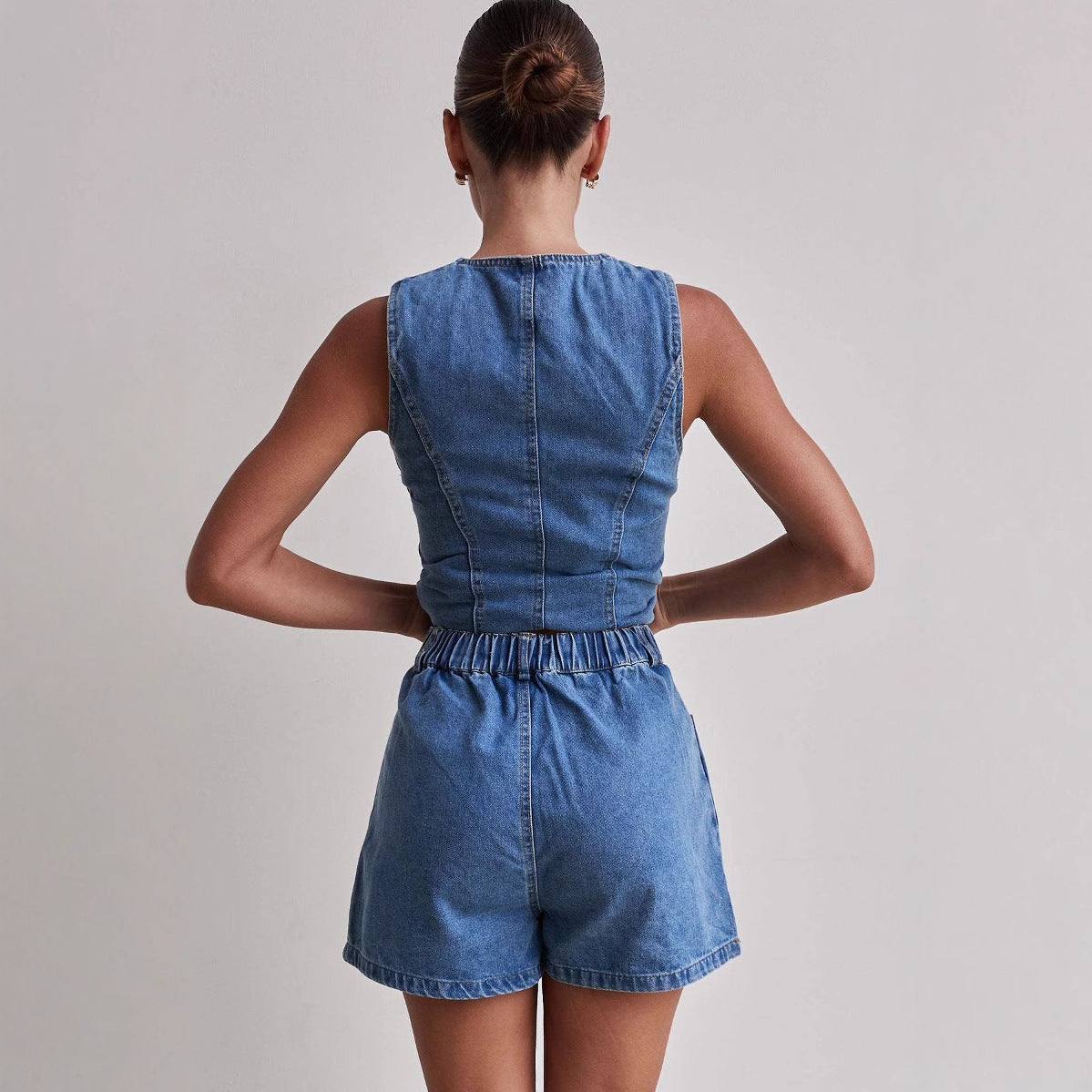 High-Waisted Distressed Denim Shorts Set