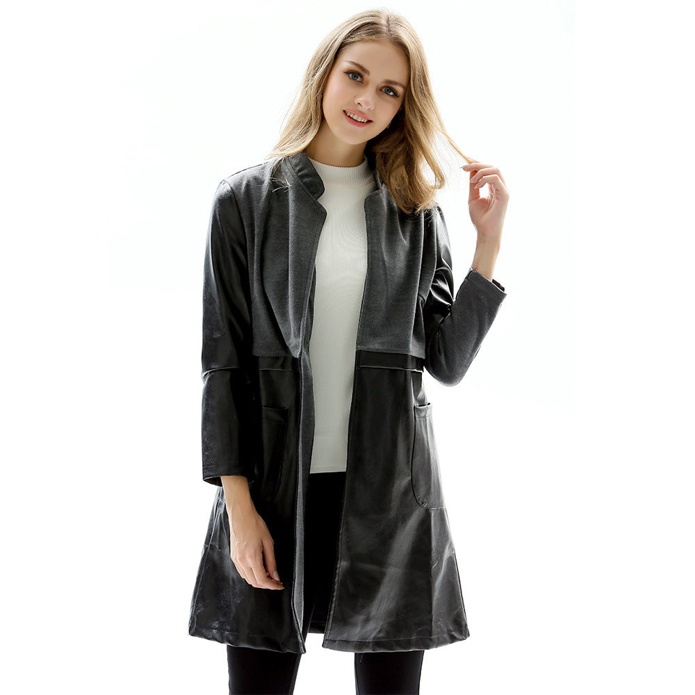 Women's Plus-Size Wool Blend Longline PU Leather Jacket