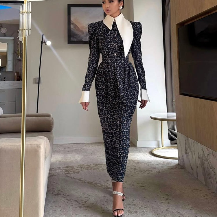 Designer Print Lapel Collar Bodycon Maxi Dress