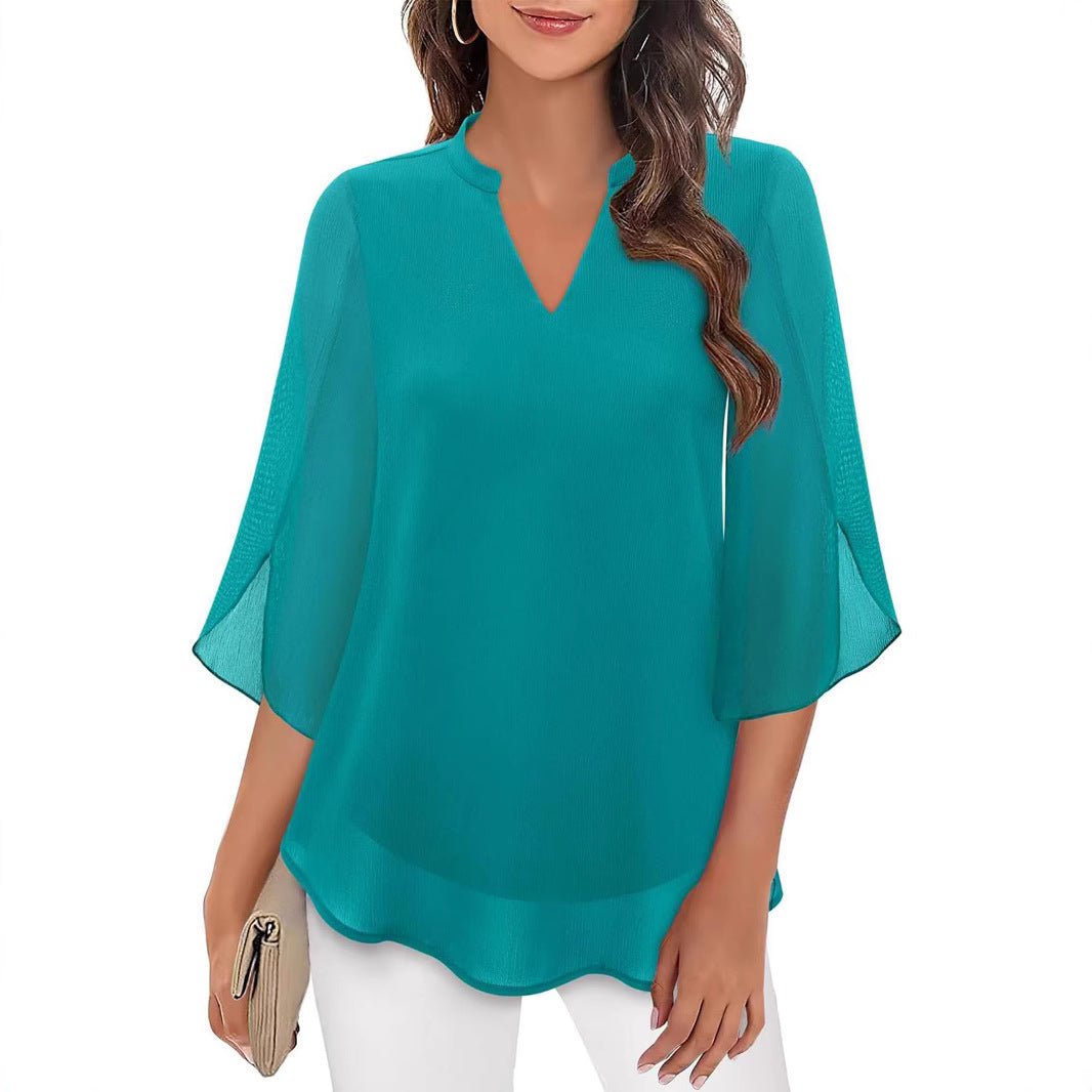 Women's Flowy V-Neck Chiffon Blouse with Petal Sleeves