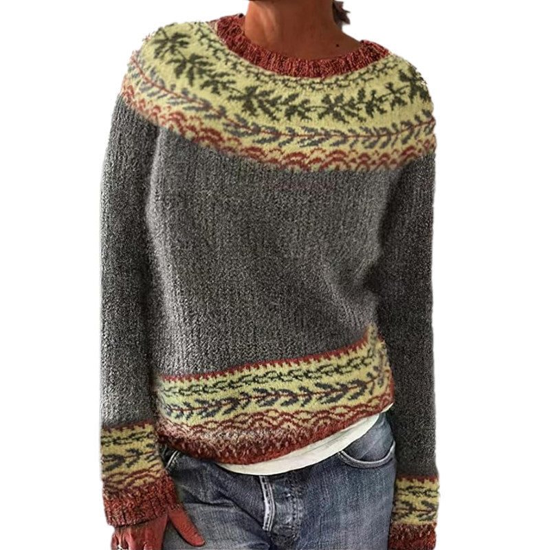Women's Loose Knit Sweater - Color Block Round Neck Pullover