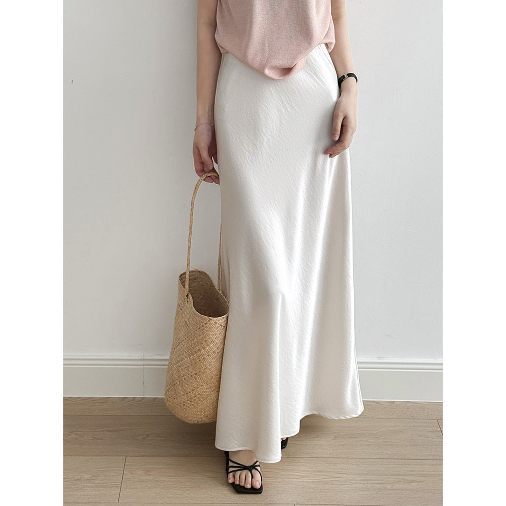 uxury Satin Midi Skirt – High Waist Bodycon Fishtail Skirt with Textured Detail-White-M-Free Shipping Leatheretro