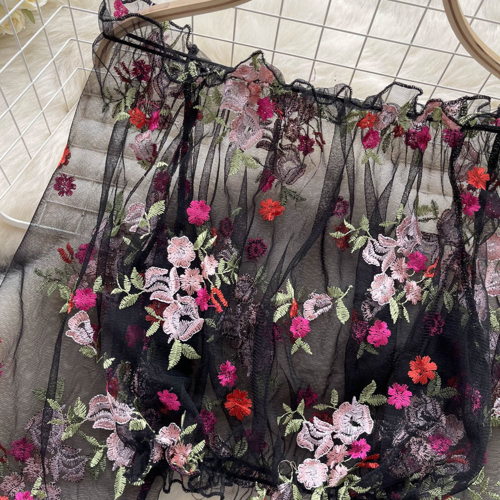 Off-Shoulder Mesh Embroidered See-Through Blouse