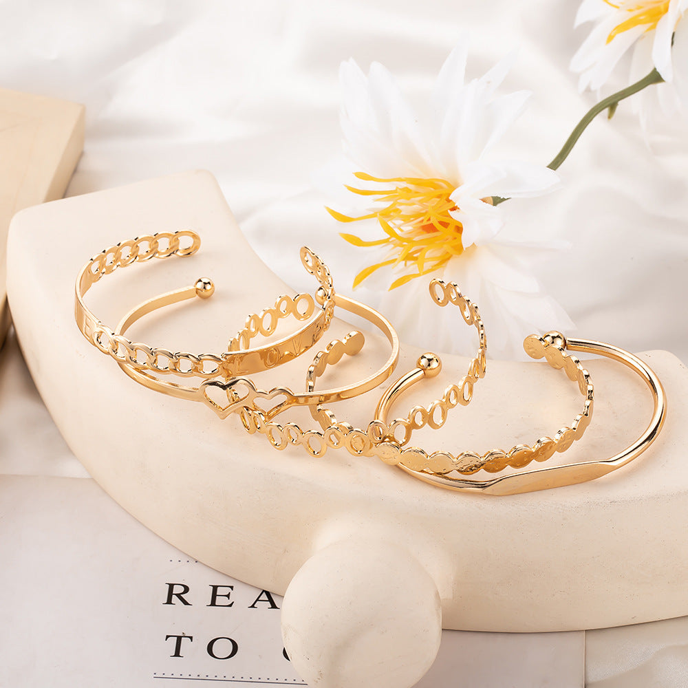 5-Piece Bracelet Set – LOVE Letter Open Bangle & Double Heart Bracelet (Boho Chic Jewelry)
