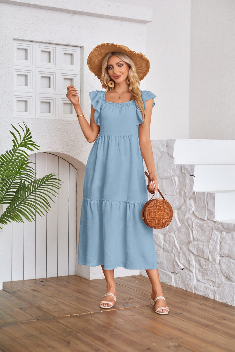 Flying Sleeve Square Neck Off Shoulder Pleated Hem Dress