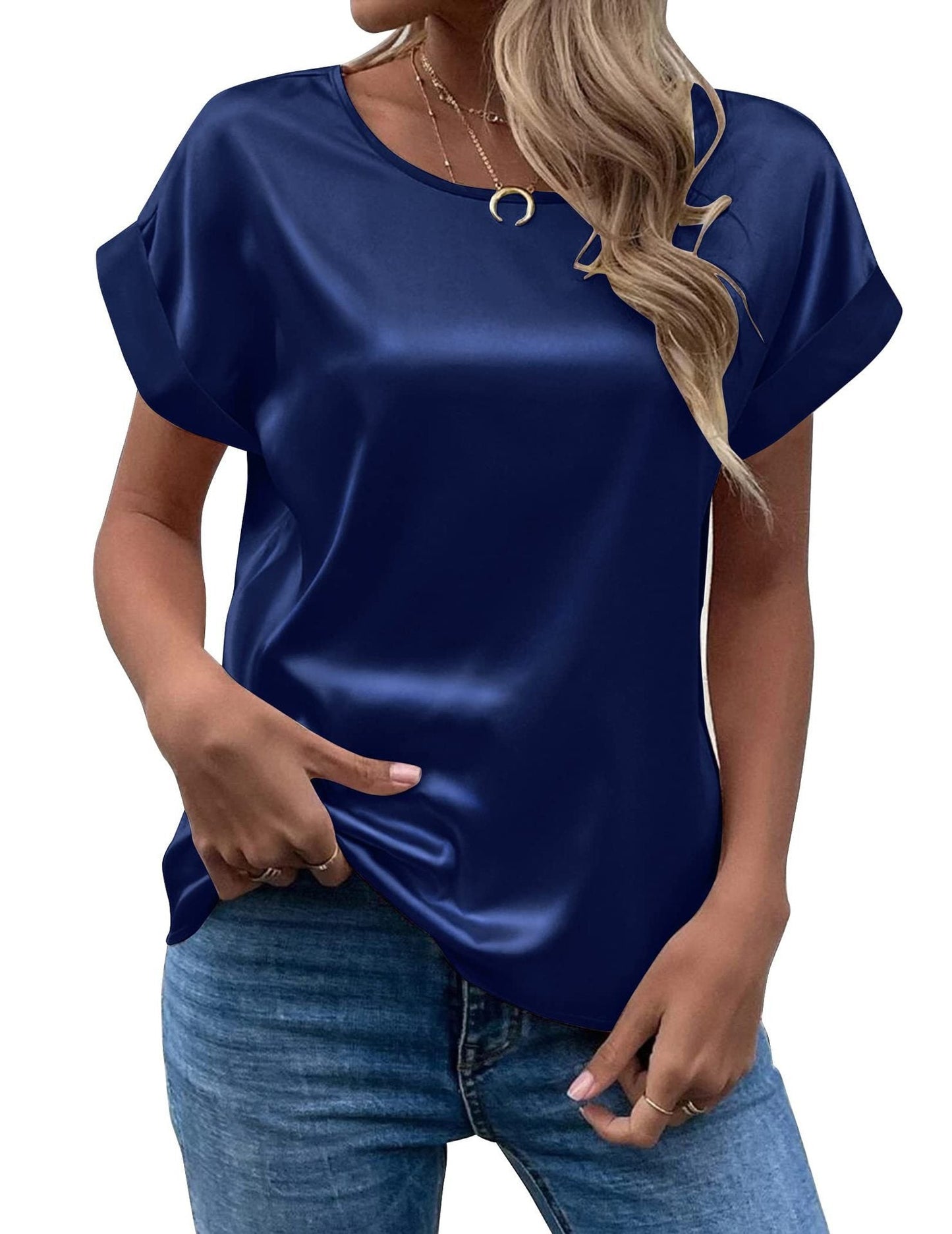 Simple Design Satin Women Short Sleeves Blouses