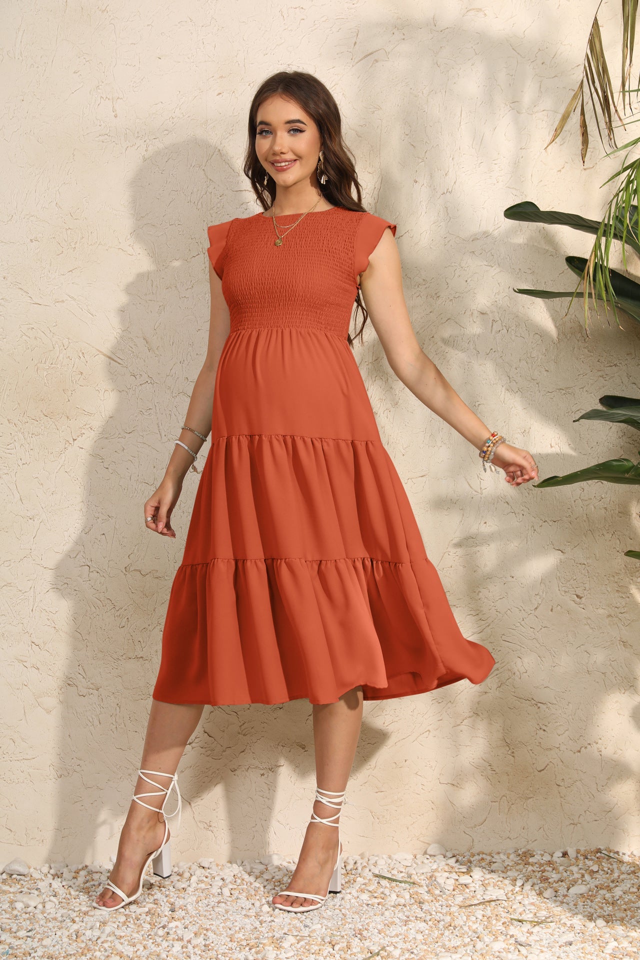 Women's Summer Flutter Sleeve Tiered Ruffle Maxi Dress – Flowy Chiffon Maternity Dress