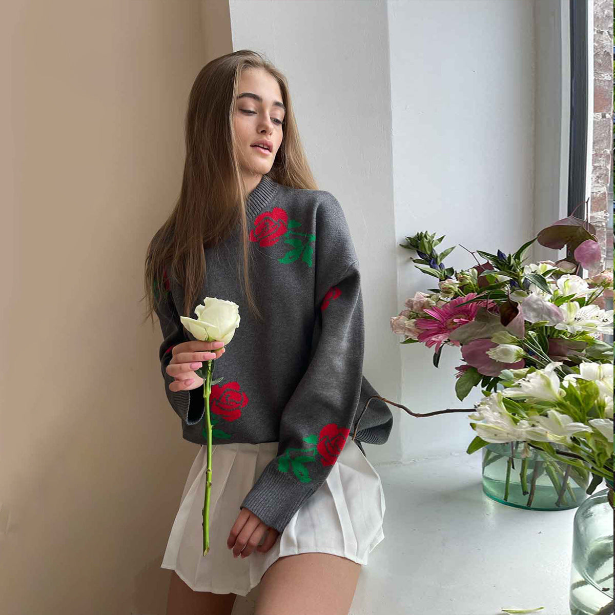 Fashion Rose Flowers Winter Knitted Women Sweaters