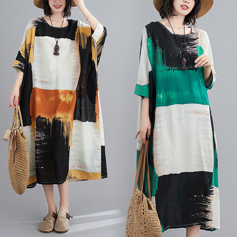 Women's Summer Boho Loose Fit V-Neck Short Sleeve Maxi Dress