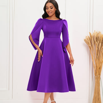 Autumn Fashion Elegant Round Neck Bell Sleeve Evening Party Dress