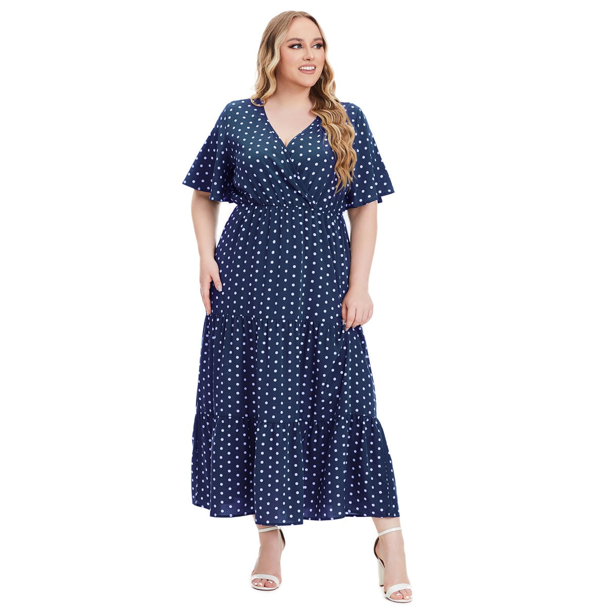 Plus Size Polka Dot V-Neck Swing Dress