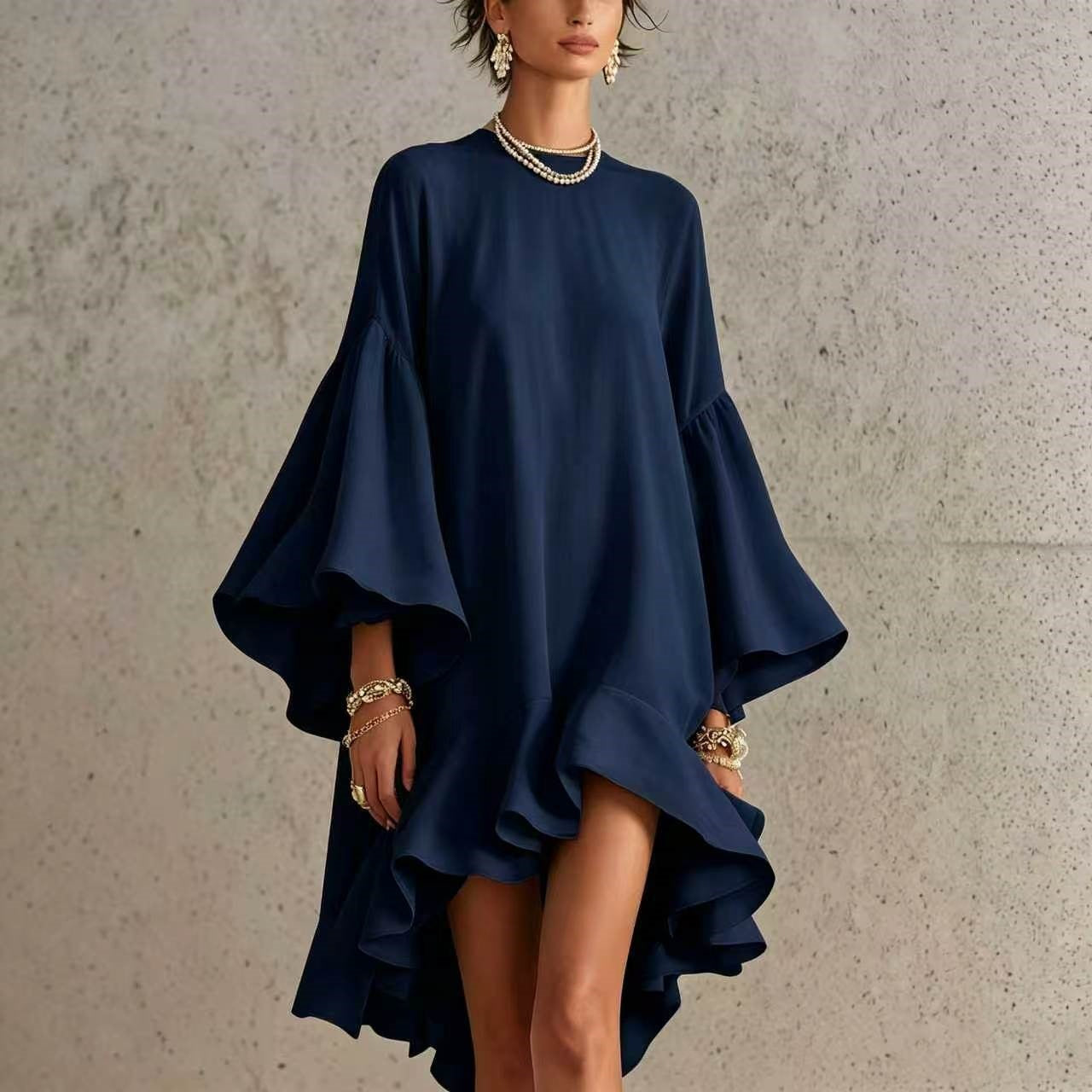 Solid Color Round Neck Flared Bell Sleeve Asymmetrical Hem Oversized Dress