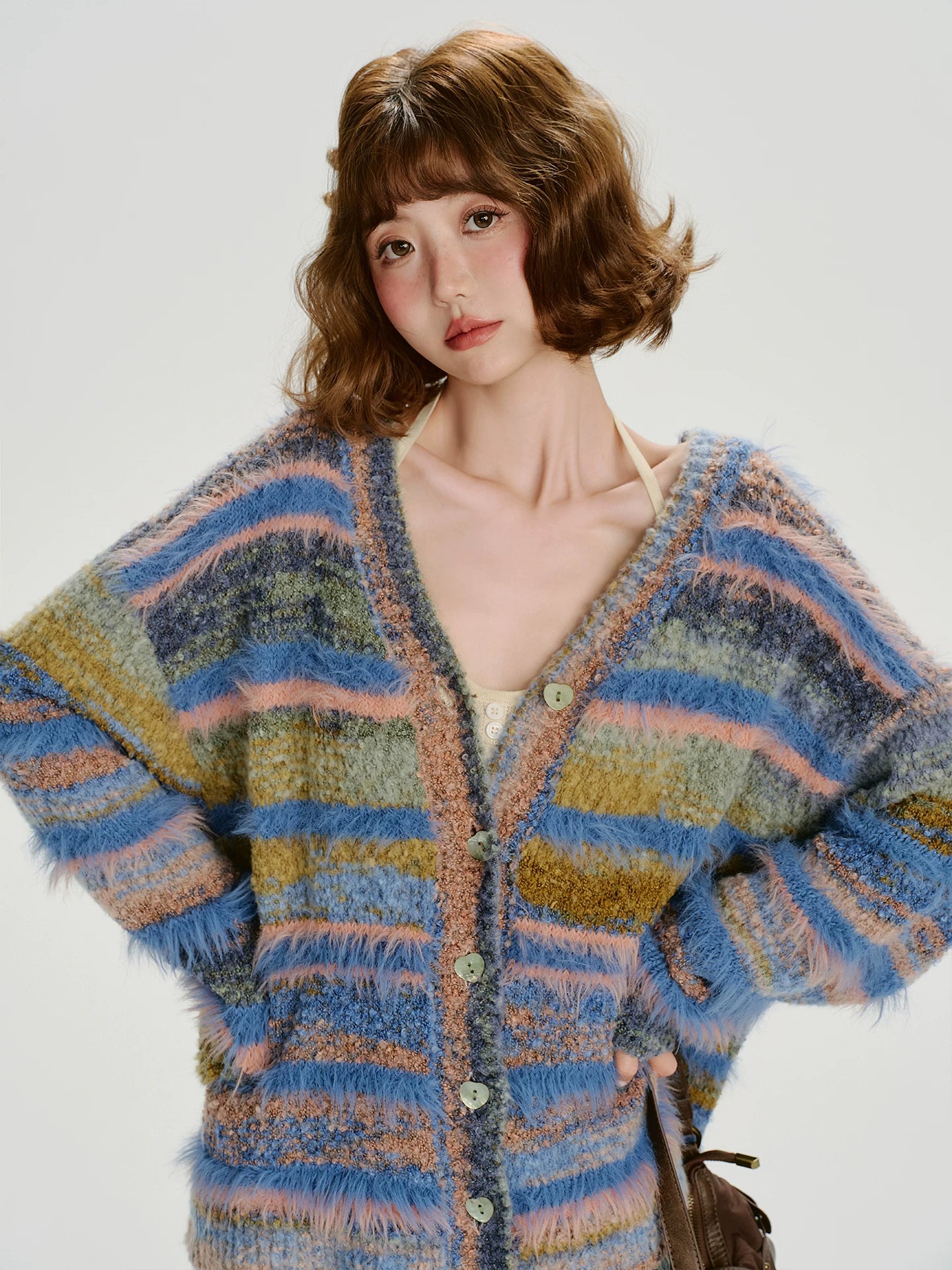 Girlyhalo Vintage Gradient Striped Plush Cardigan