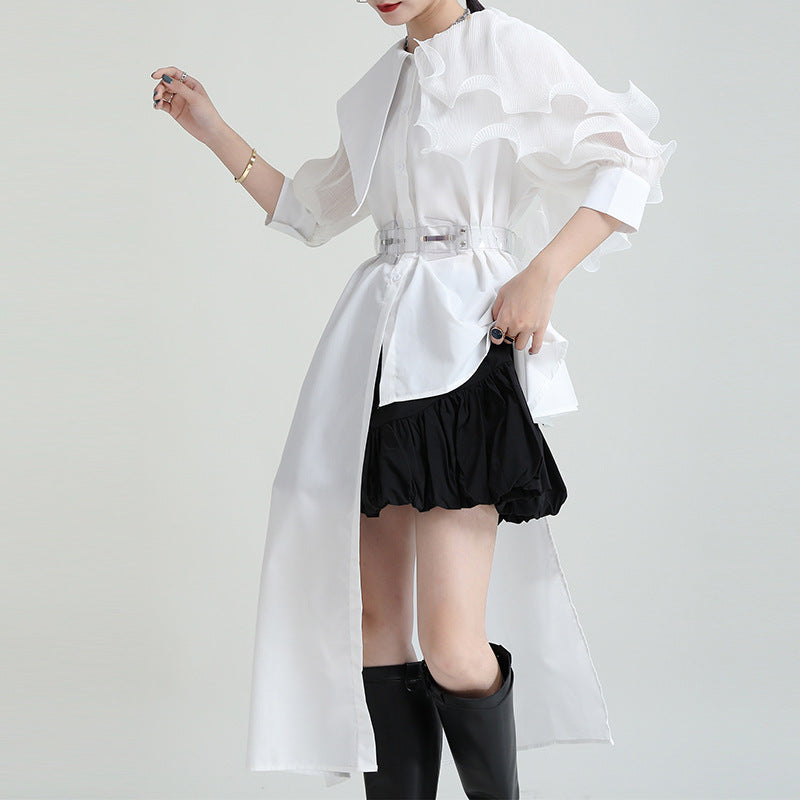Summer Asymmetrical Bubble Sleeve Shirt Dress with Peplum Waist & Patchwork Design