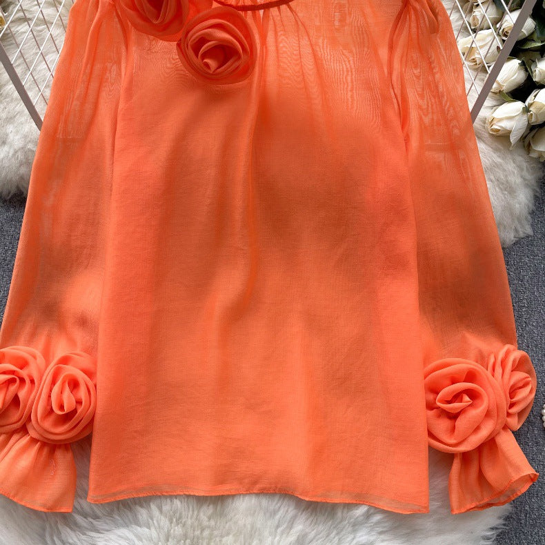 Designed 3D Flowers Chiffon Long Sleeves Shirts