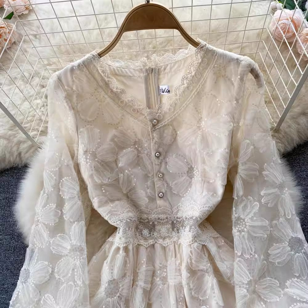Elegant V-Neck Lace A-Line Midi Dress