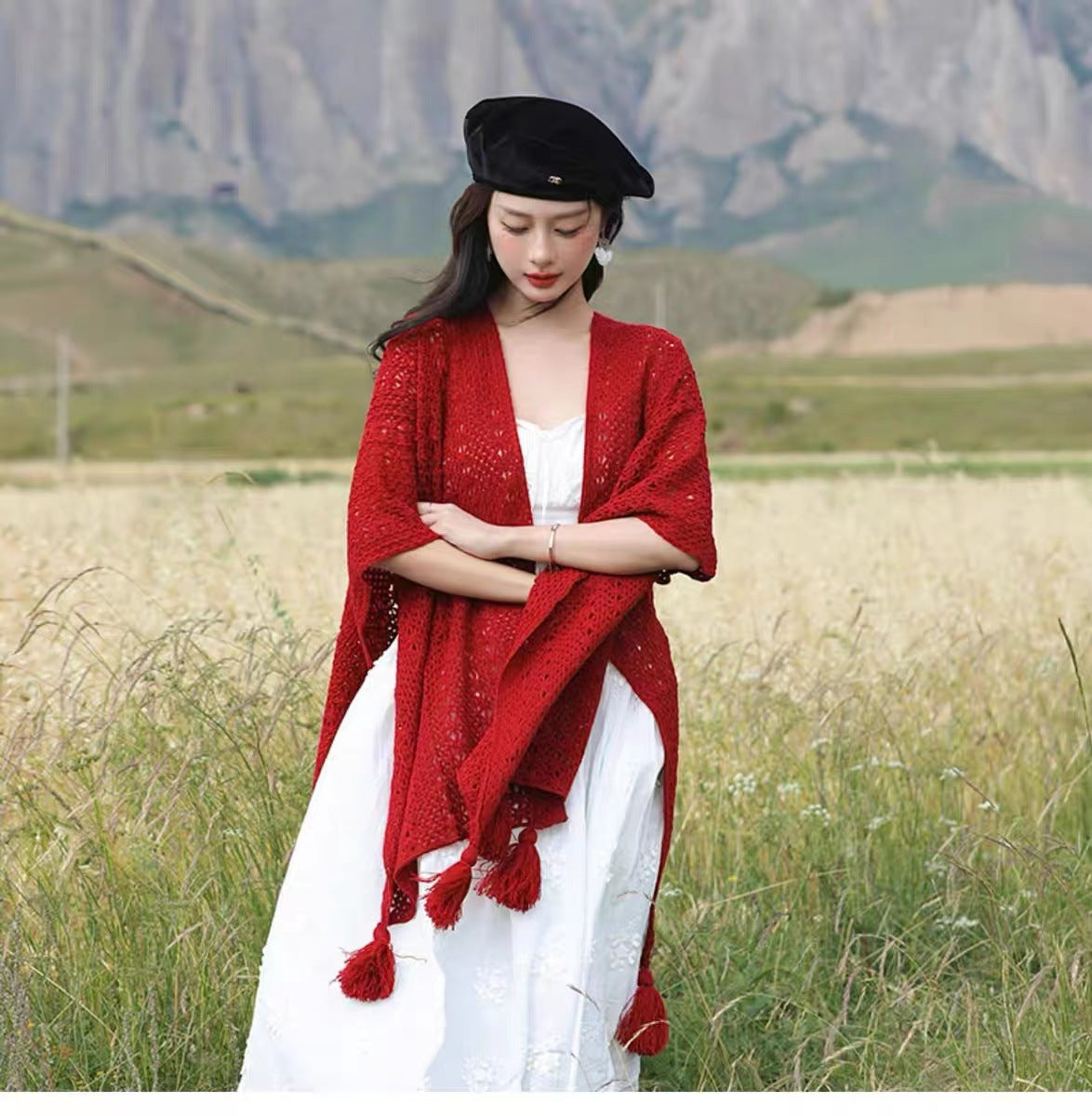 Boho Chic Knit Fringe Shawl – Ethnic Travel Wrap with Slit for Women