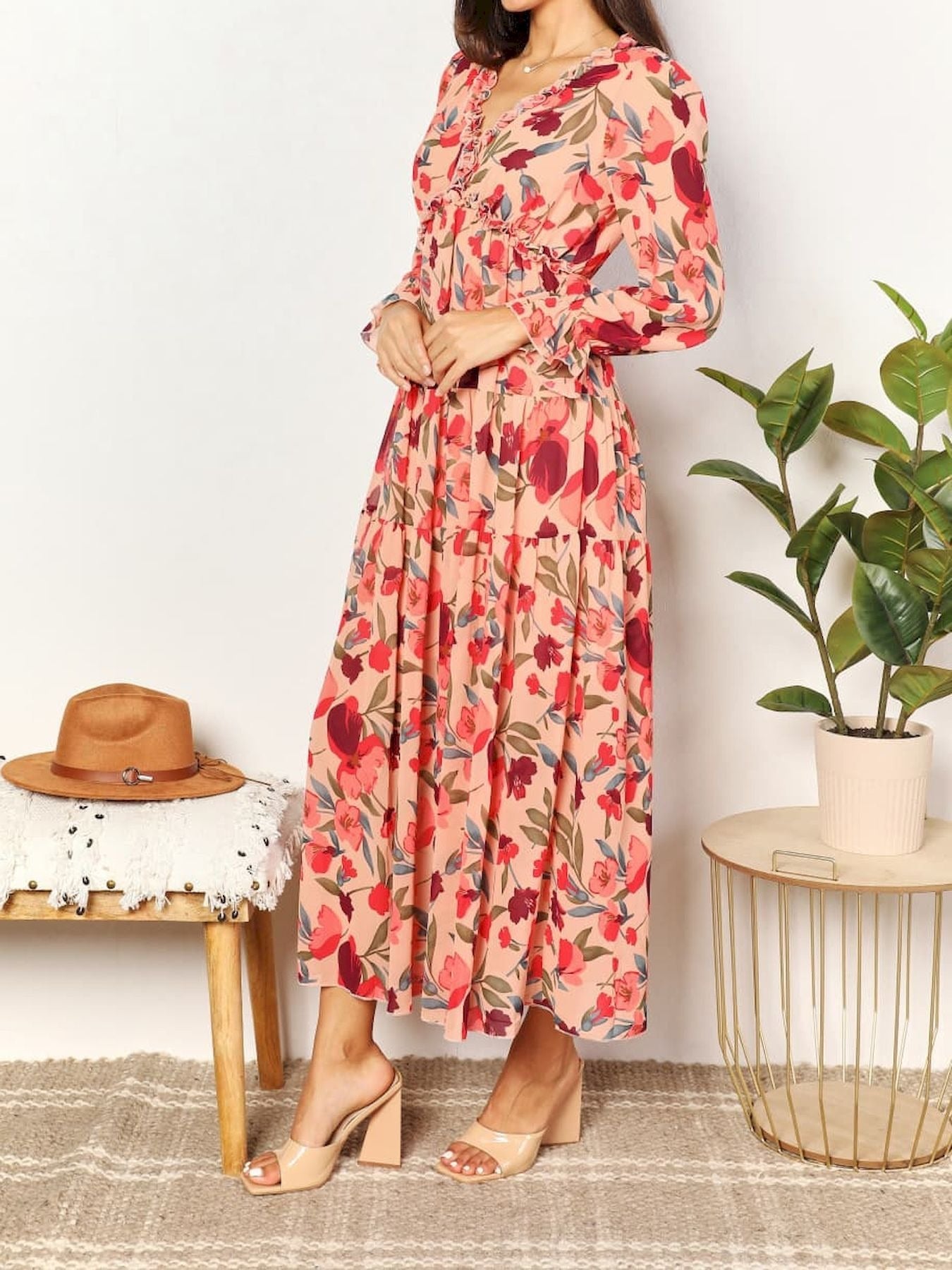 Elegant Long Sleeve Printed Maxi Evening Dress