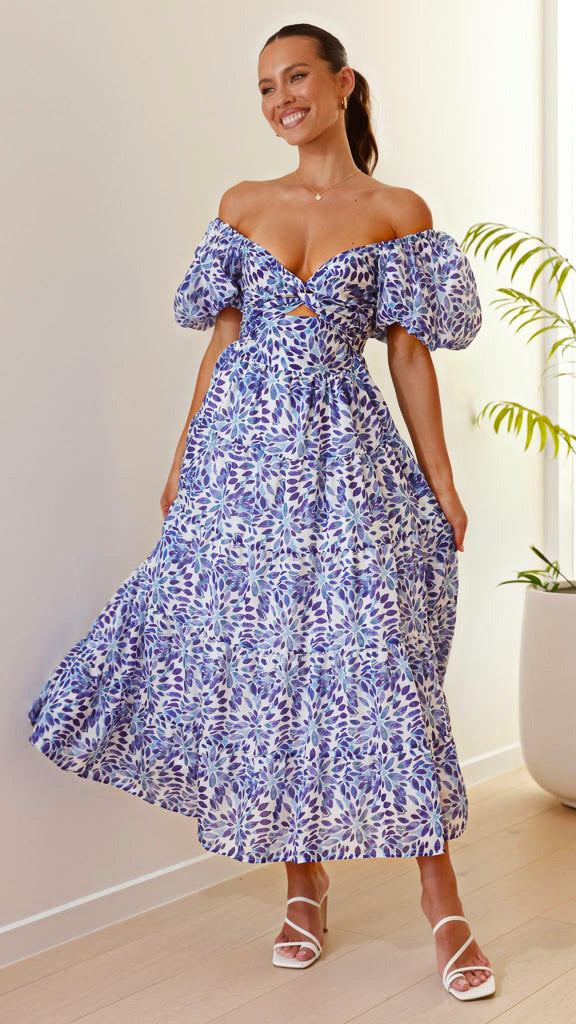 Elegant Floral Print Puff Sleeve Dress