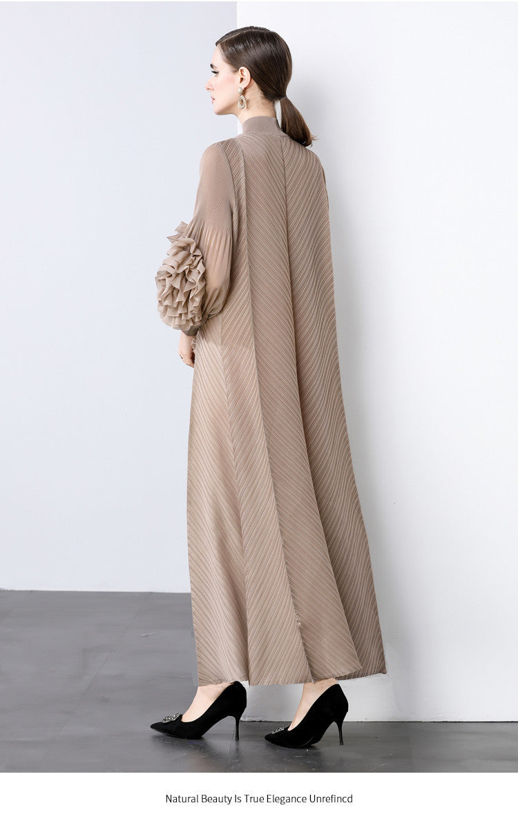 Stylish Slim-Fit Solid Color High Neck Dress with 3D Flowers