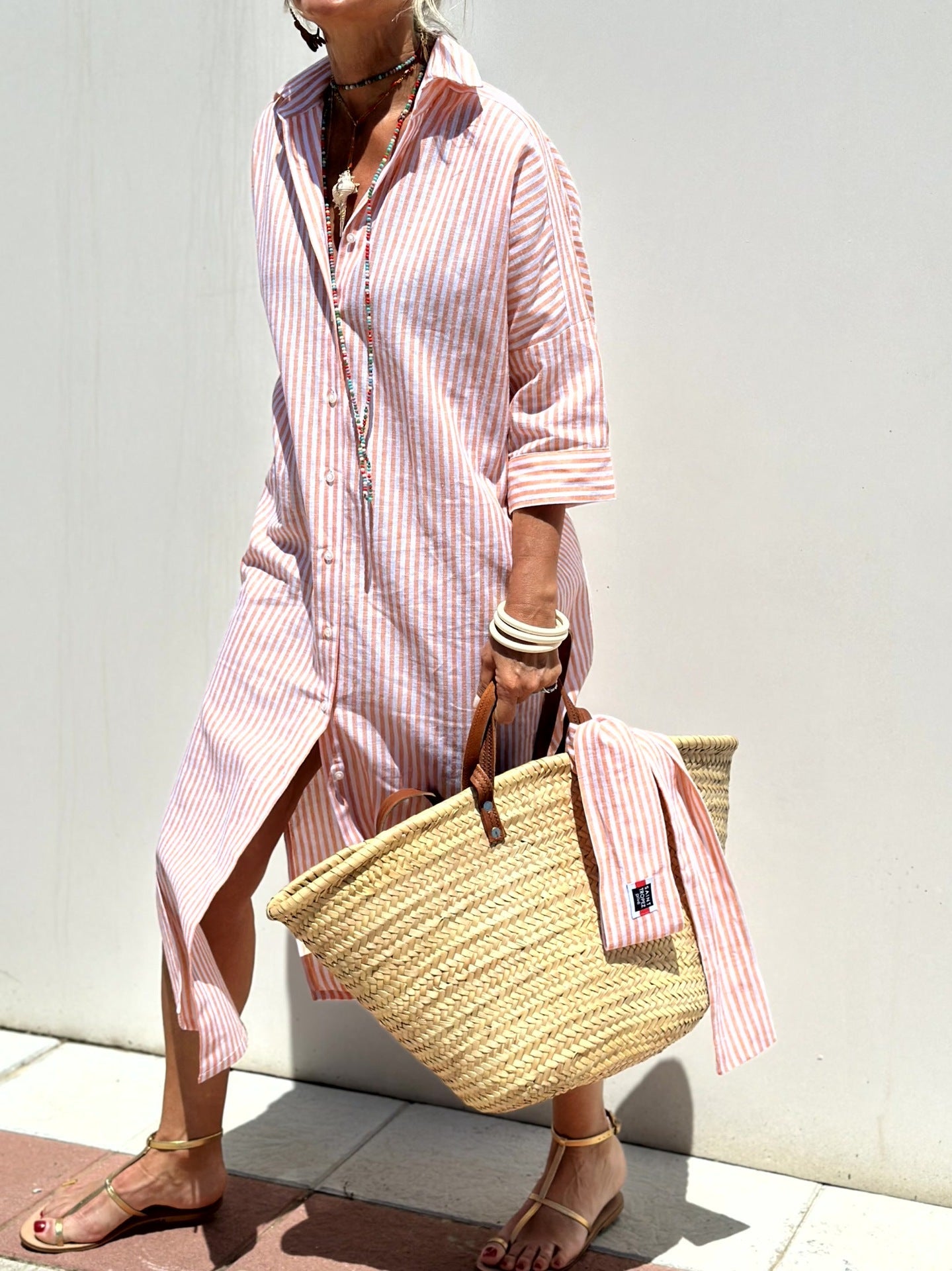 Women's half Sleeve Striped Button-Down Shirt Dress with Lapel Collar