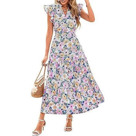 V-Neck Pleated Flying Sleeves Printed Midi Dress