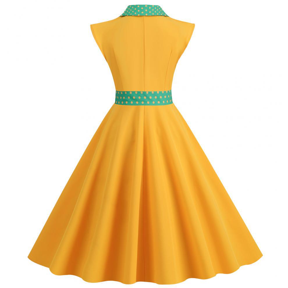 Elegant V-Neck Polka Dot & Solid Color A-Line Dress with Belt for Women