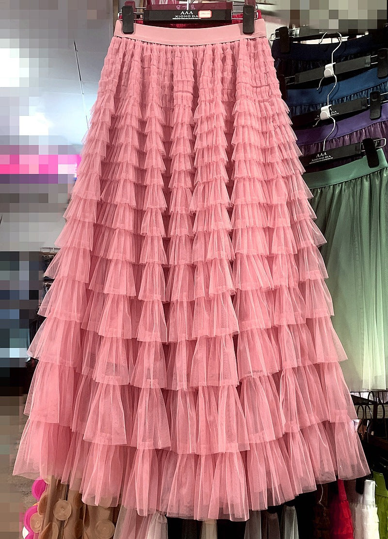 A-Line Mid-Length Tulle Skirt with Layered Mesh Insert