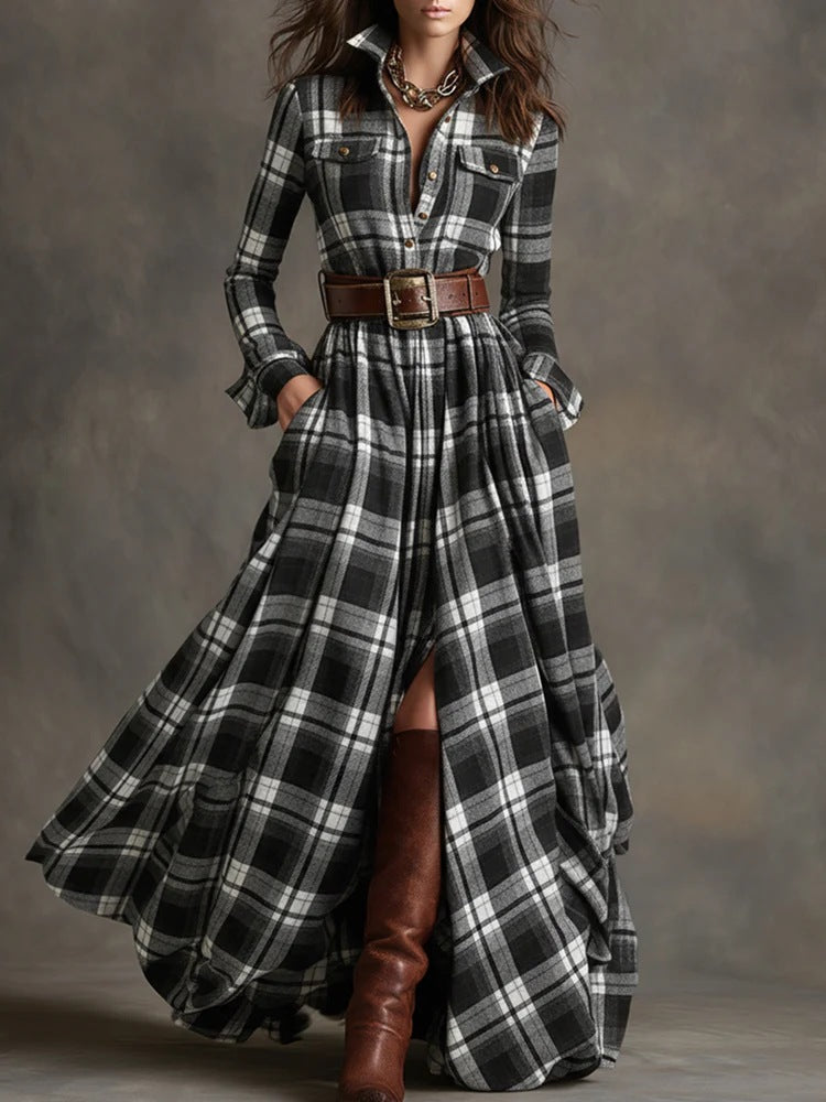 Plus Size French Vintage Plaid Slimming Irregular Hem Dress