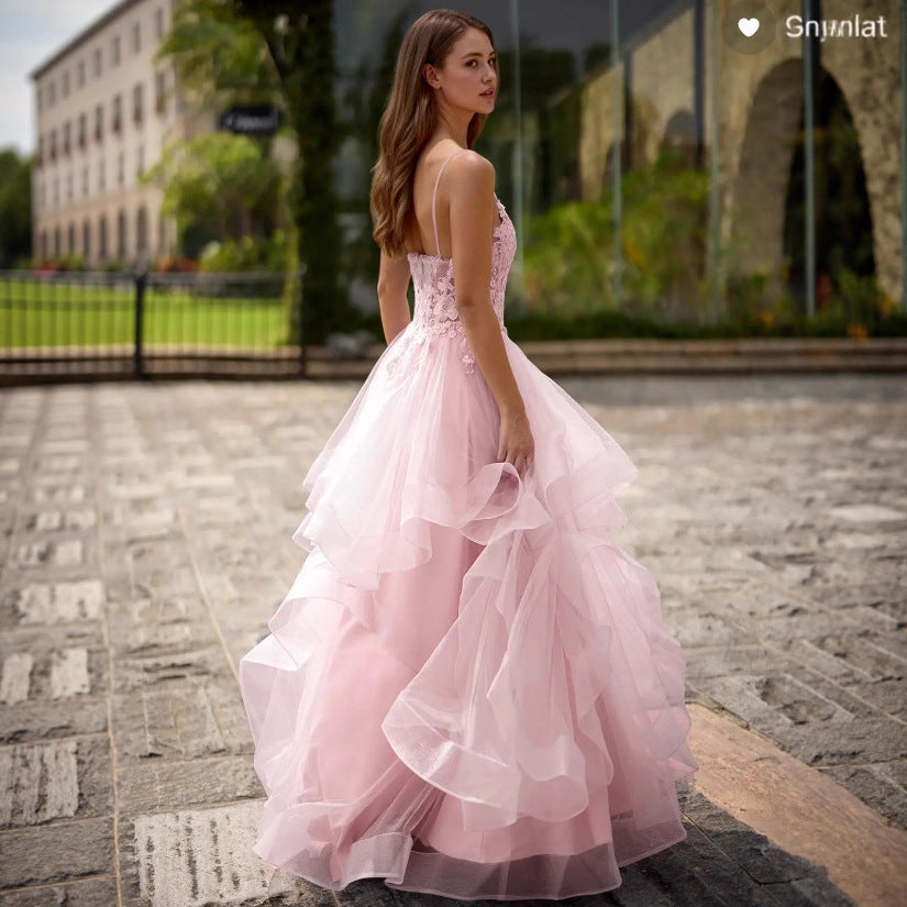 V-Neck Satin Strap A-Line Evening Gown