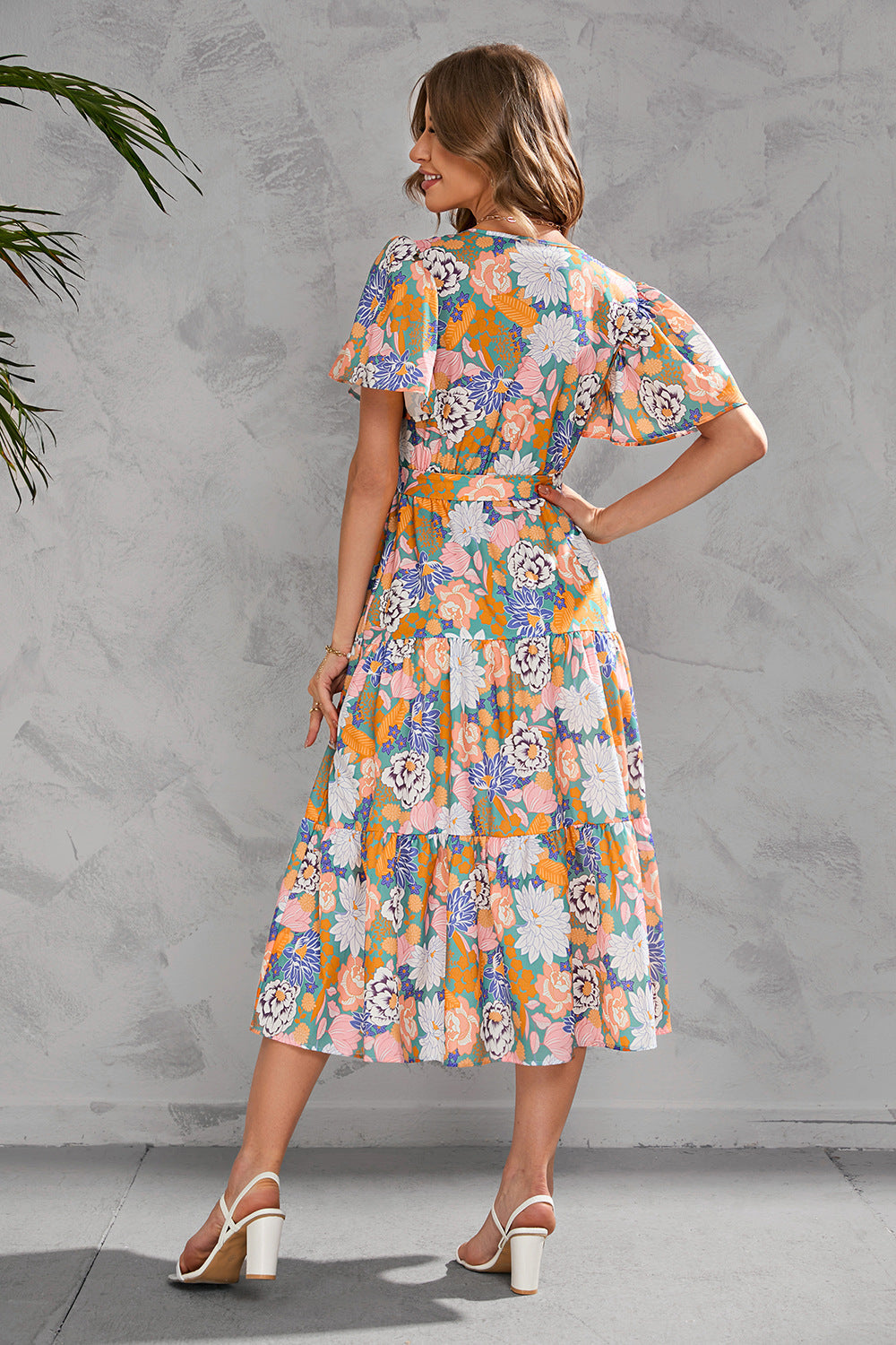 Women's Summer Floral V-Neck Waist-Tie Midi Short Sleeve Dress
