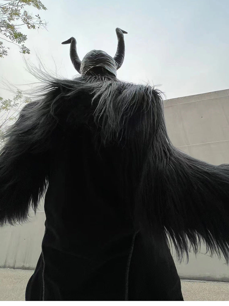 Halloween Dark Fantasy Horned Headpiece & Cropped Faux Fur Jacket Set