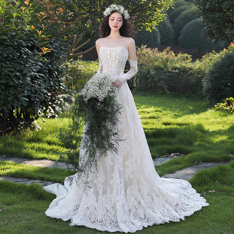 Vintage Forest Style Strapless Lace Wedding Dresses