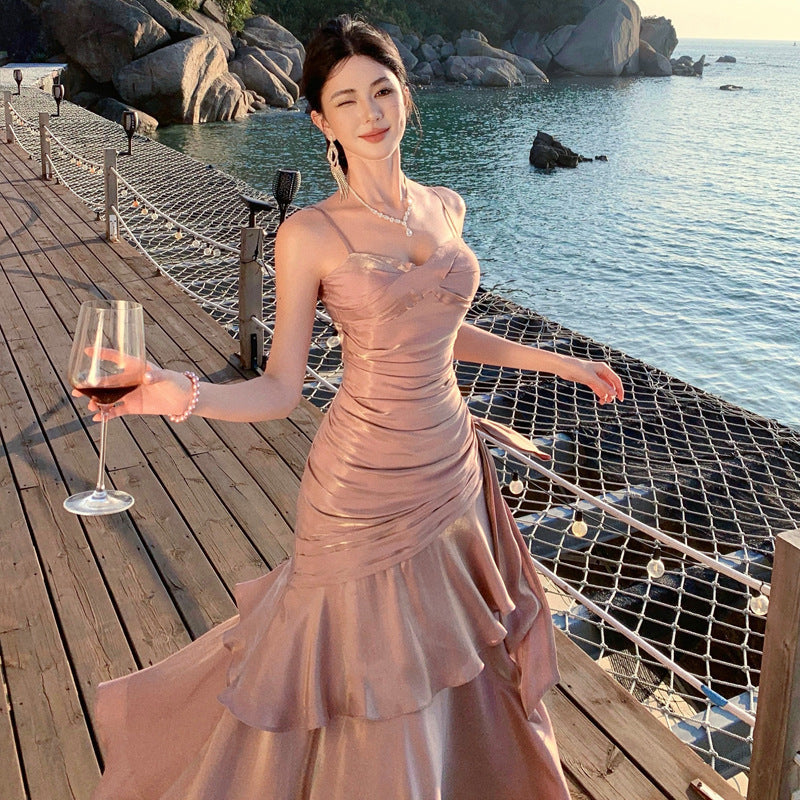 Elegant High-Neck Halter Gown with Layered Ruffle Hem, Birthday & Cocktail Party Evening Dress