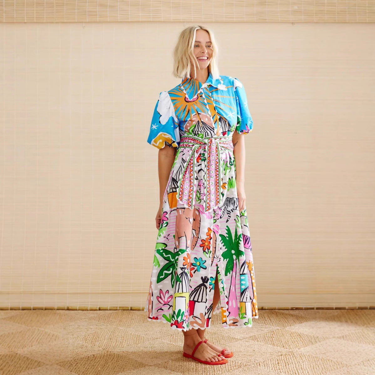 Linen Casual Print Shirt Collar Button-Down Dress