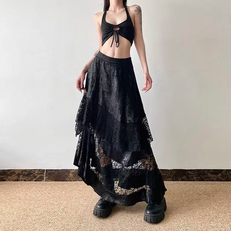Dark Grunge Lace Patchwork High-Waist Midi Skirt